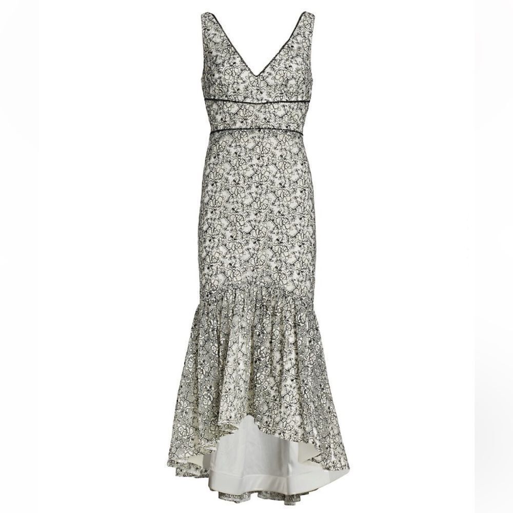 Nwt Ml Monique Lhuillier Floral-Embroidered V-Neck Fit-&-Flaremidi Dress Sz 2